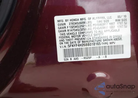 2011 Honda Pilot Lx from USA, damaged, VIN 5FNYF4H26BB018165
